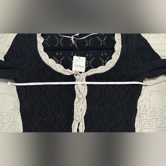 NWT Free People Adelene Pointelle Cardigan S in Black Creme - Picture 6 of 9
